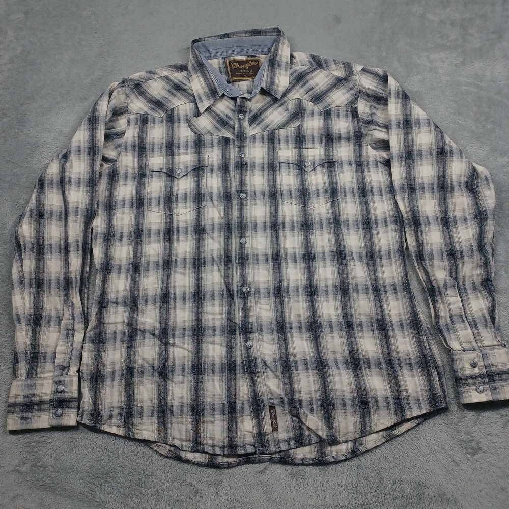 Wrangler Shirt Mens XL Gray Plaid Pearl Snap Long Sleeve Western Retro Casual